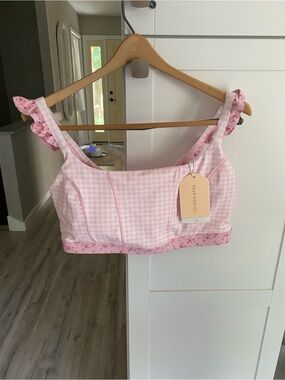 Blogilates Pink Gingham Floral Ruffle Bandeau Sports bra